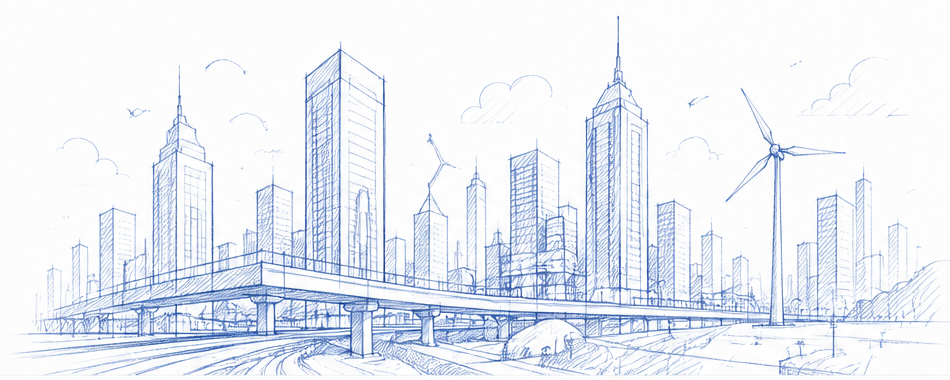 Ilustración en líneas azules de una ciudad e infraestructura conectada